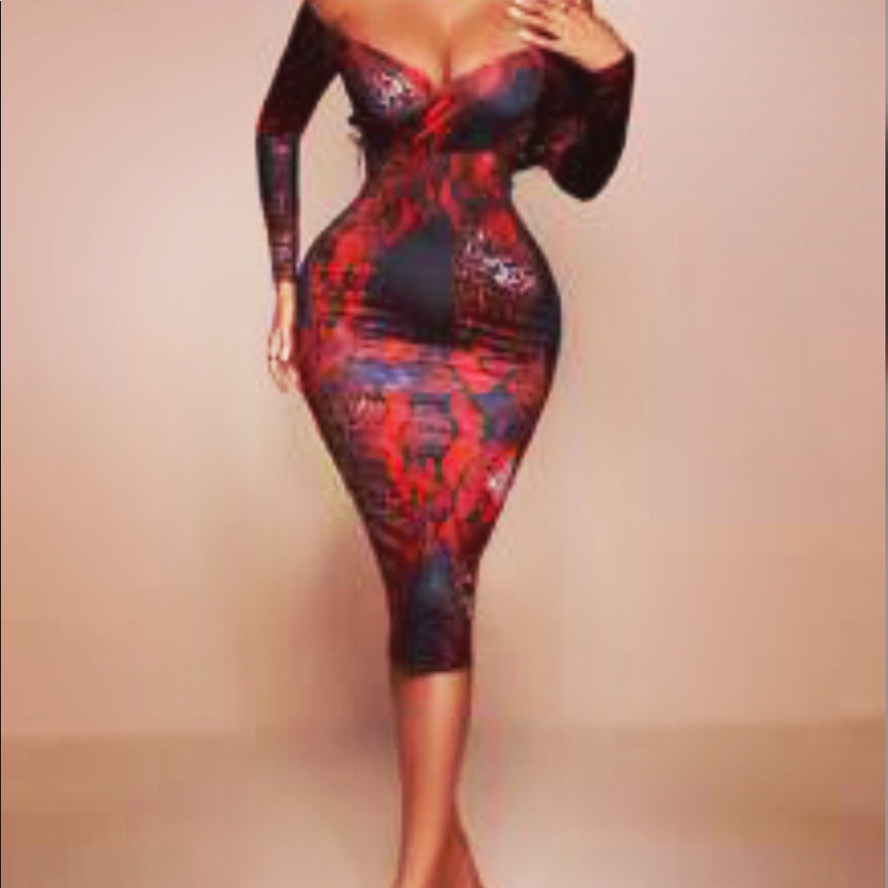 Sexy printed red dress off the shoulder fitted midi dress long sleeve